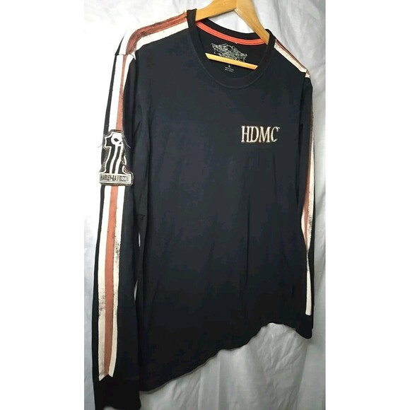 Harley Davidson Mens Shirt, Sz Large Black Orange White Stripe No. 1 Patch - Picture 2 of 9
